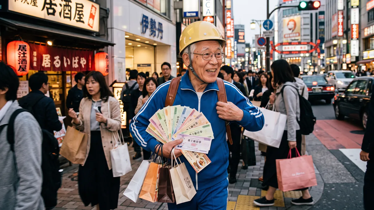 優待券を持って街を歩くシニアの生活イメージ