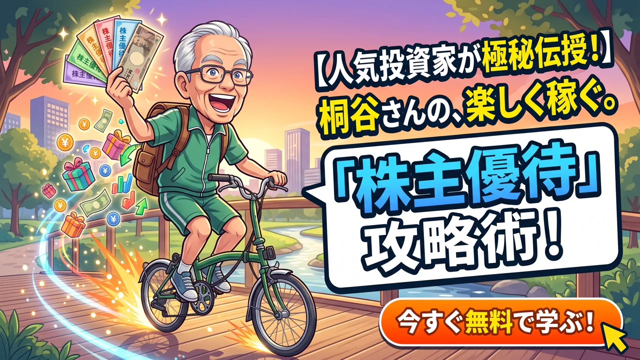 自転車で優待券と買い物袋を運ぶシニアのイラスト